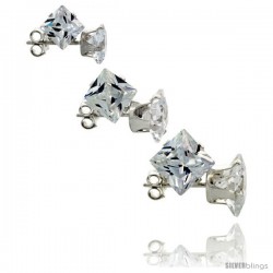 3-Pair Set Sterling Silver Cubic Zirconia Stud Earrings 5, 6 and 7mm Princess Cut