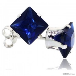 Sterling Silver Princess cut Cubic Zirconia Stud Earrings 6 mm Sapphire Blue Color 2 1/2 cttw