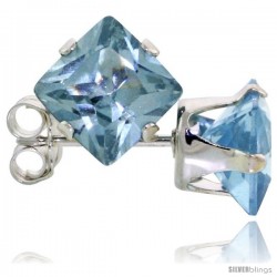 Sterling Silver Princess cut Cubic Zirconia Stud Earrings 6 mm Blue Topaz Color 2 1/2 cttw