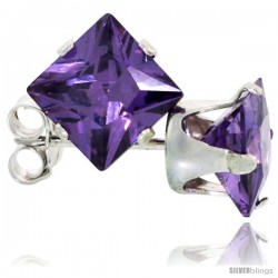 Sterling Silver Princess cut Cubic Zirconia Stud Earrings 6 mm Amethyst Purple Color 2 1/2 cttw