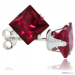 Sterling Silver Princess cut Cubic Zirconia Stud Earrings 6 mm Ruby Red Color 2 1/2 cttw
