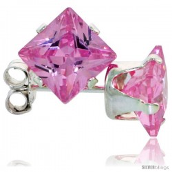 Sterling Silver Princess cut Cubic Zirconia Stud Earrings 6 mm Pink Zircon Color 2 1/2 cttw