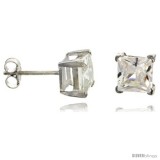 Sterling Silver Princess cut Cubic Zirconia Stud Earrings Basket Setting 6 mm 2 1/2 cttw