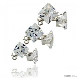 3-Pair Set Sterling Silver Cubic Zirconia Stud Earrings 6, 7 and 8mm Princess Cut