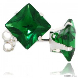 Sterling Silver Princess cut Cubic Zirconia Stud Earrings 7 mm Emerald Green Color 4 cttw