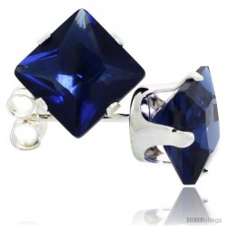 Sterling Silver Princess cut Cubic Zirconia Stud Earrings 7 mm Sapphire Blue Color 4 cttw