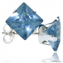 Sterling Silver Princess cut Cubic Zirconia Stud Earrings 7 mm Topaz Blue Color 4 cttw