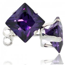 Sterling Silver Princess cut Cubic Zirconia Stud Earrings 7 mm Amethyst Purple Color 4 cttw