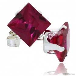 Sterling Silver Princess cut Cubic Zirconia Stud Earrings 7 mm Ruby Red Color 4 cttw