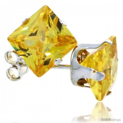 Sterling Silver Princess cut Cubic Zirconia Stud Earrings 7 mm Citrine Yellow Color 4 cttw