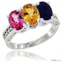 14K White Gold Natural Pink Topaz, Citrine & Lapis Ring 3-Stone 7x5 mm Oval Diamond Accent