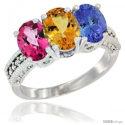 14K White Gold Natural Pink Topaz, Citrine & Tanzanite Ring 3-Stone 7x5 mm Oval Diamond Accent