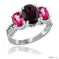 14K White Gold Ladies 3-Stone Oval Natural Garnet Ring with Pink Topaz Sides Diamond Accent