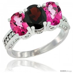 14K White Gold Natural Garnet & Pink Topaz Sides Ring 3-Stone 7x5 mm Oval Diamond Accent