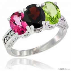 14K White Gold Natural Pink Topaz, Garnet & Peridot Ring 3-Stone 7x5 mm Oval Diamond Accent