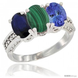 14K White Gold Natural Blue Sapphire, Malachite & Tanzanite Ring 3-Stone 7x5 mm Oval Diamond Accent