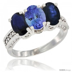 14K White Gold Natural Tanzanite & Blue Sapphire Sides Ring 3-Stone 7x5 mm Oval Diamond Accent