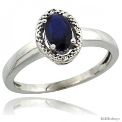 14k White Gold Diamond Halo Quality Blue Sapphire Ring 0.64 Carat Oval Shape 6X4 mm, 3/8 in (9mm) wide