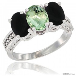 14K White Gold Natural Green Amethyst & Black Onyx Sides Ring 3-Stone 7x5 mm Oval Diamond Accent
