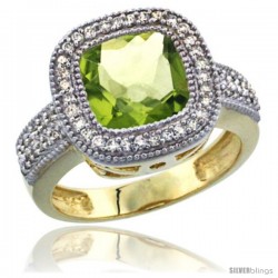 14K Yellow Gold Natural Peridot Ring Diamond Accent, Cushion-cut 9x9 Stone Diamond Accent