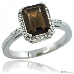 Sterling Silver Diamond Natural Smoky Topaz Ring 1.6 ct Emerald Shape 8x6 mm, 1/2 in wide -Style Cwg07129