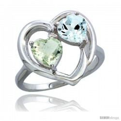 10K White Gold Heart Ring 6mm Natural Green Amethyst & Aquamarine Diamond Accent