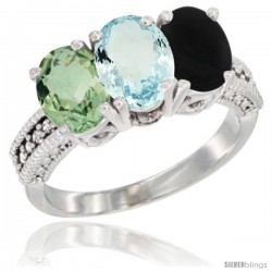 10K White Gold Natural Green Amethyst, Aquamarine & Black Onyx Ring 3-Stone Oval 7x5 mm Diamond Accent