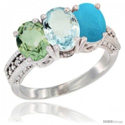 10K White Gold Natural Green Amethyst, Aquamarine & Turquoise Ring 3-Stone Oval 7x5 mm Diamond Accent