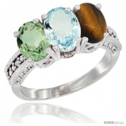 10K White Gold Natural Green Amethyst, Aquamarine & Tiger Eye Ring 3-Stone Oval 7x5 mm Diamond Accent