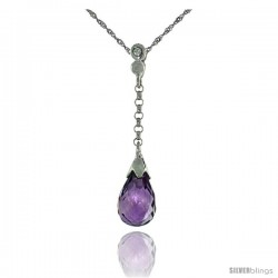 10k White Gold Dangle Amethyst Pendant, w/ 0.02 Carat Brilliant Cut Diamond, 1 1/8 in. (29mm) tall, w/ 18" Sterling Silver