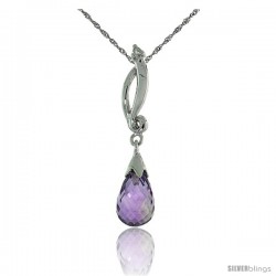 10k White Gold Swirl & Amethyst Pendant, w/ 0.01 Carat Brilliant Cut Diamond, 1 1/8 in. (29mm) tall, w/ 18" Sterling Silver