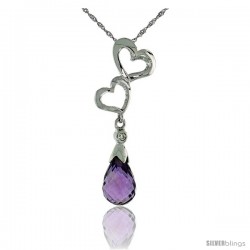 10k White Gold Double Heart Cut Out & Amethyst Pendant, w/ Brilliant Cut Diamond, 1 3/16 in. (30mm) tall, w/ 18" Sterling