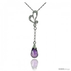 10k White Gold Heart Cut Out & Amethyst Pendant, w/ 0.01 Carat Brilliant Cut Diamond, 1 3/8 in. (35mm) tall, w/ 18" Sterling