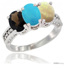 10K White Gold Natural Smoky Topaz, Turquoise & Opal Ring 3-Stone Oval 7x5 mm Diamond Accent