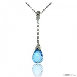 10k White Gold Dangle Blue Topaz Pendant, w/ 0.02 Carat Brilliant Cut Diamond, 1 1/8 in. (29mm) tall, w/ 18" Sterling Silver