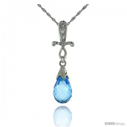 10k White Gold Cross & Blue Topaz Pendant, w/ 0.01 Carat Brilliant Cut Diamonds, 1 in. (25mm) tall, w/ 18" Sterling Silver