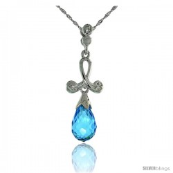 10k White Gold Loop & Blue Topaz Pendant, w/ 0.02 Carat Brilliant Cut Diamonds, 1 1/16 in. (27mm) tall, w/ 18" Sterling Silver