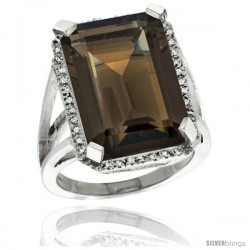 Sterling Silver Diamond Natural Smoky Topaz Ring 14.96 ct Emerald Shape 18x13 mm Stone, 13/16 in wide