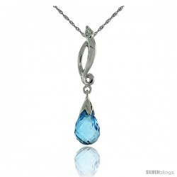 10k White Gold Swirl & Blue Topaz Pendant, w/ 0.01 Carat Brilliant Cut Diamond, 1 1/8 in. (29mm) tall, w/ 18" Sterling Silver