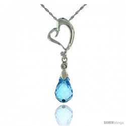 10k White Gold Heart Cut Out & Blue Topaz Pendant, w/ Brilliant Cut Diamond, 1 1/8 in. (28mm) tall, w/ 18" Sterling Silver