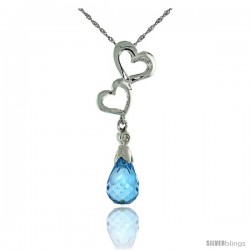 10k White Gold Double Heart Cut Out & Blue Topaz Pendant, w/ Brilliant Cut Diamond, 1 3/16 in. (30mm) tall, w/ 18" Sterling