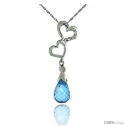 10k White Gold Double Heart Cut Out & Blue Topaz Pendant, w/ Brilliant Cut Diamond, 1 3/16 in. (30mm) tall, w/ 18" Sterling