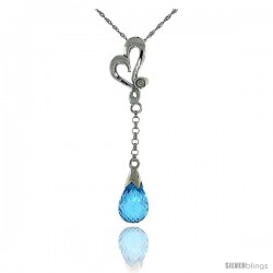 10k White Gold Heart Cut Out & Blue Topaz Pendant, w/ 0.01 Carat Brilliant Cut Diamond, 1 3/8 in. (35mm) tall, w/ 18" Sterling