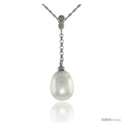 10k White Gold Dangle Pearl Pendant, w/ 0.02 Carat Brilliant Cut Diamond, 1 1/4 in. (31mm) tall, w/ 18" Sterling Silver
