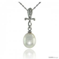 10k White Gold Cross & Pearl Pendant, w/ 0.01 Carat Brilliant Cut Diamonds, 1 in. (25mm) tall, w/ 18" Sterling Silver Singapore