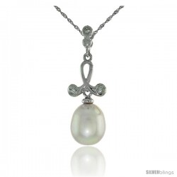 10k White Gold Loop & Pearl Pendant, w/ 0.02 Carat Brilliant Cut Diamonds, 1 1/16 in. (27mm) tall, w/ 18" Sterling Silver