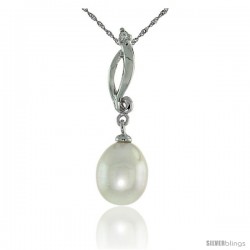 10k White Gold Swirl & Pearl Pendant, w/ 0.01 Carat Brilliant Cut Diamond, 1 1/8 in. (29mm) tall, w/ 18" Sterling Silver