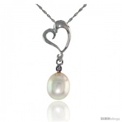 10k White Gold Heart Cut Out & Pearl Pendant, w/ Brilliant Cut Diamond, 1 in. (26mm) tall, w/ 18" Sterling Silver Singapore