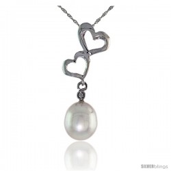 10k White Gold Double Heart Cut Out & Pearl Pendant, w/ Brilliant Cut Diamond, 1 1/8 in. (28mm) tall, w/ 18" Sterling Silver