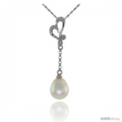 10k White Gold Heart Cut Out & Pearl Pendant, w/ 0.01 Carat Brilliant Cut Diamond, 1 7/16 in. (36mm) tall, w/ 18" Sterling